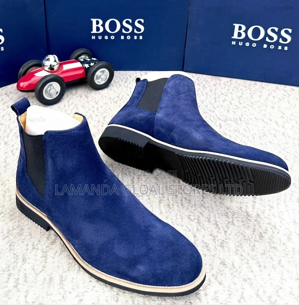 BOSS Navy Blue Suede Chelsea Boots