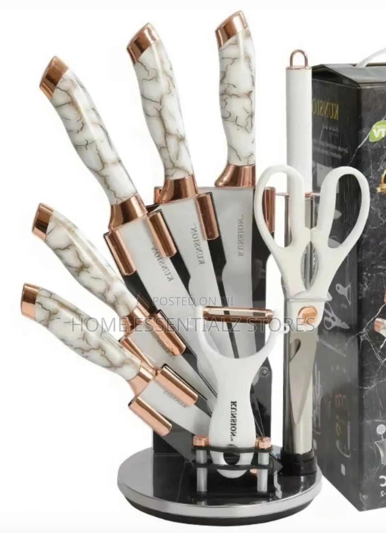 KUNSION 9-Piece Marble Knife Set With Rotating Stand -