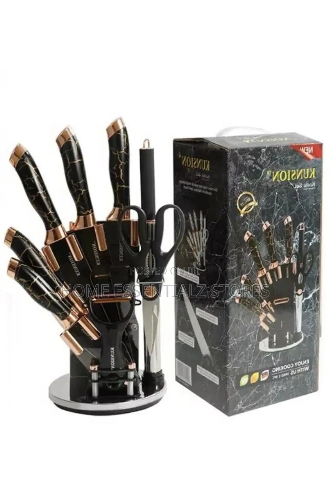 KUNSION 9-Piece Marble Knife Set With Rotating Stand -