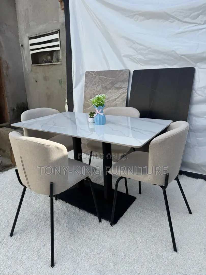 4-Seater Contemporary Dining Table Set Minimalist White Marble-Tope