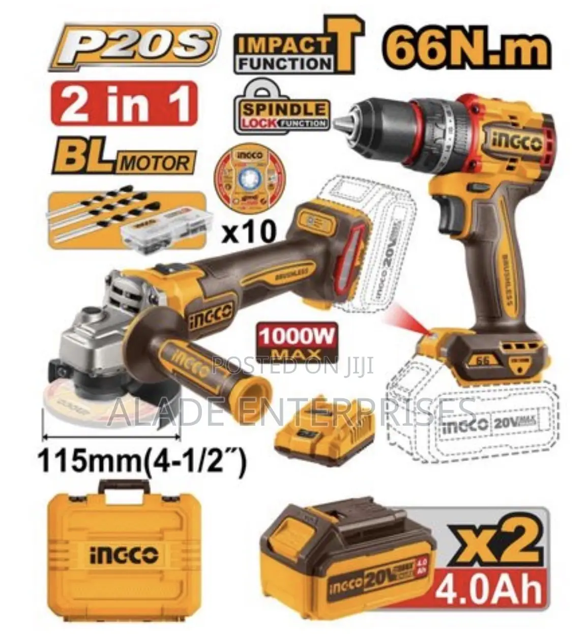 Ingco Cordless 2 PCS Combo Kit (Angle Grinder Drill 66nm)