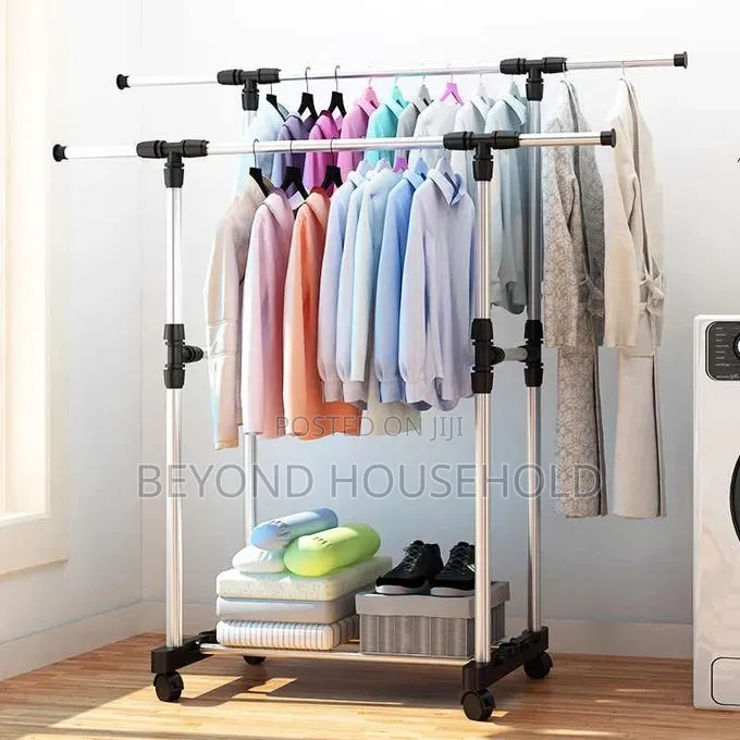 Extendable Double Pole Clothes Hanger Stand With Wheels