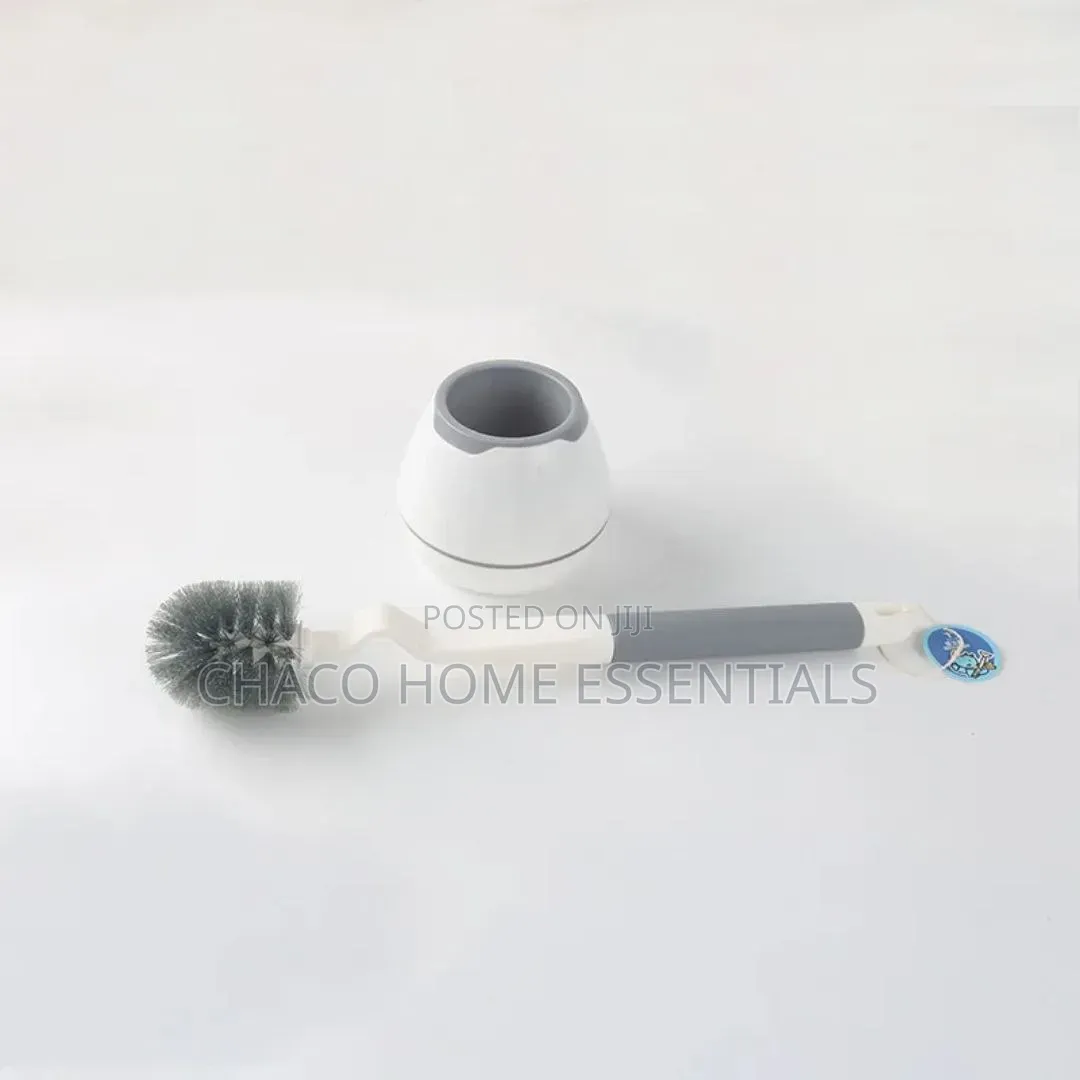 Long-Handle Toilet Brush With Round Holder Set - Grey White