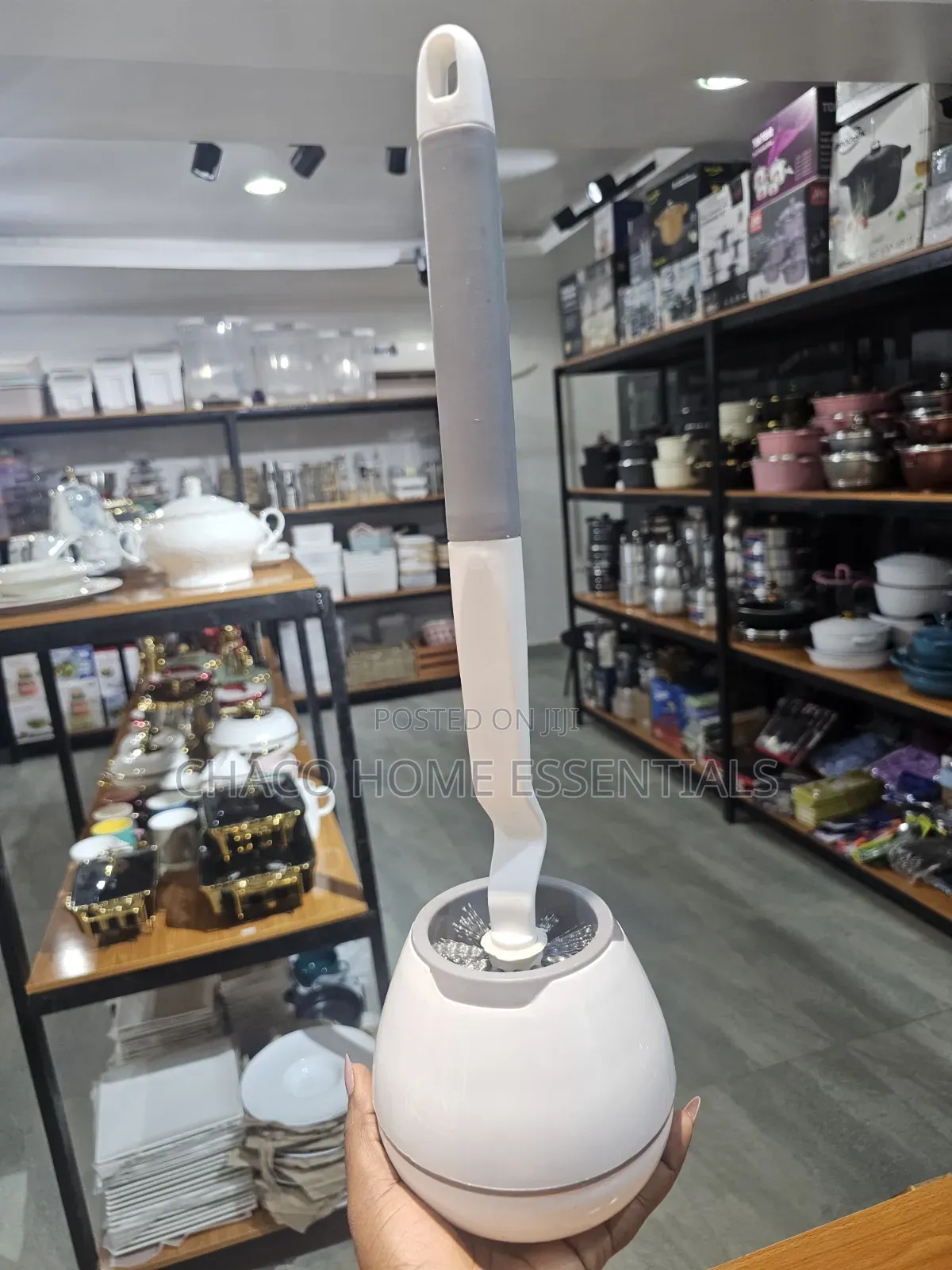 Long-Handle Toilet Brush With Round Holder Set - Grey White