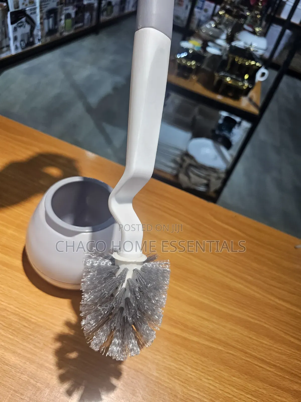 Long-Handle Toilet Brush With Round Holder Set - Grey White