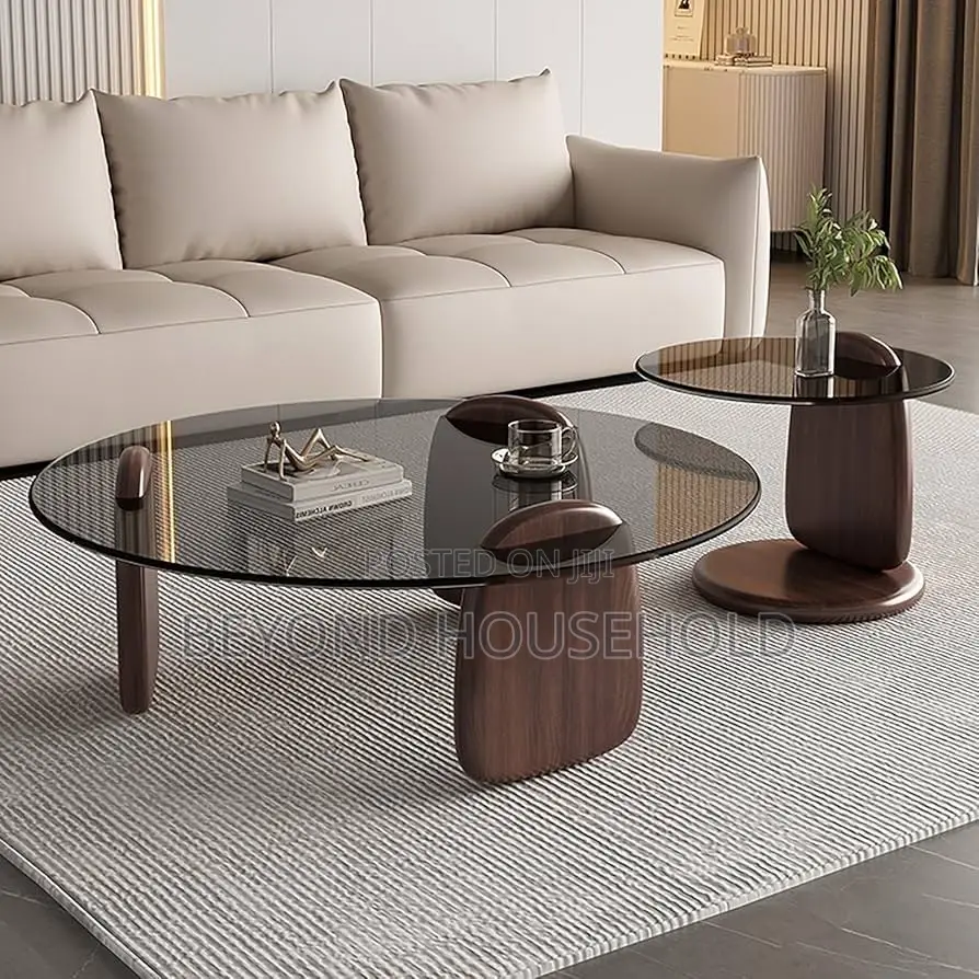 Dark Walnut Tempered GlassTop Coffee Center Table Set