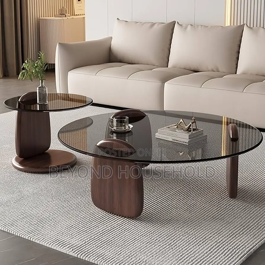 Dark Walnut Tempered GlassTop Coffee Center Table Set