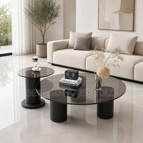 Tempered Smoked Glass Black Cylinder Coffee Table Set 2Piece