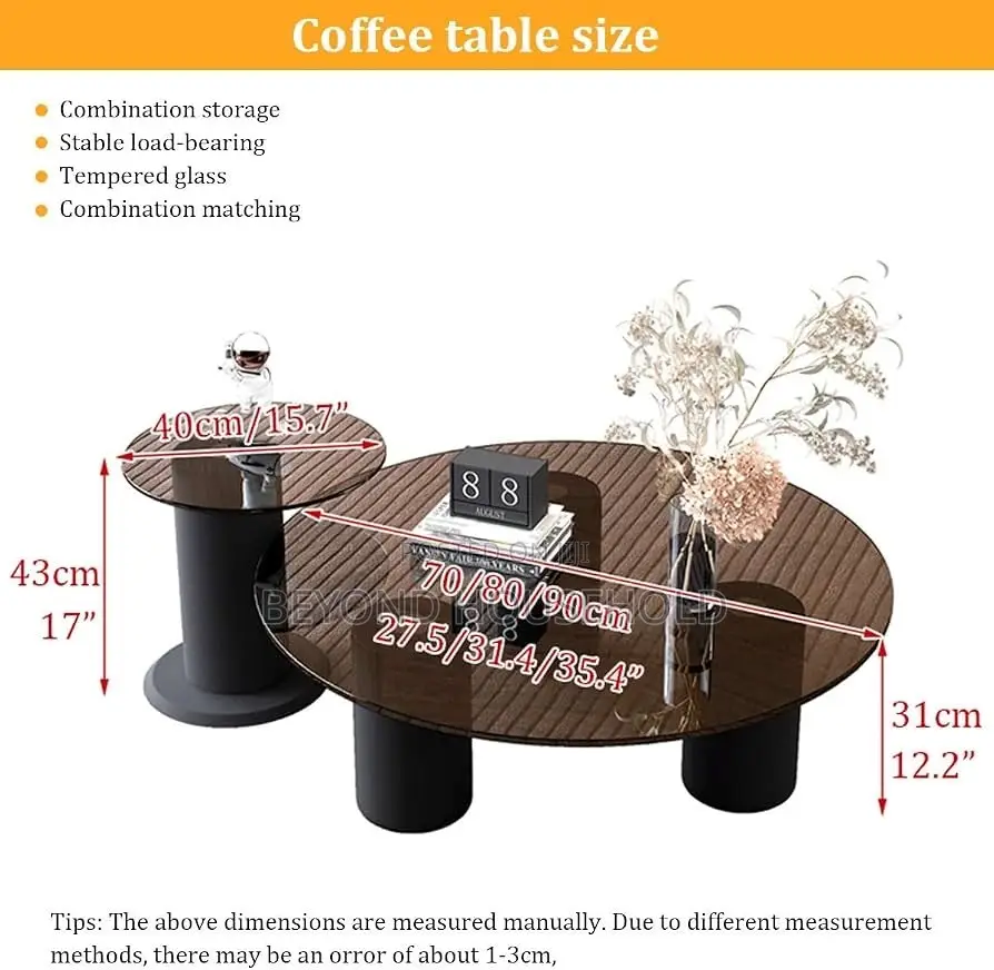 Tempered Smoked Glass Black Cylinder Coffee Table Set 2Piece