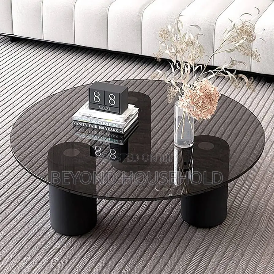 Tempered Smoked Glass Black Cylinder Coffee Table Set 2Piece