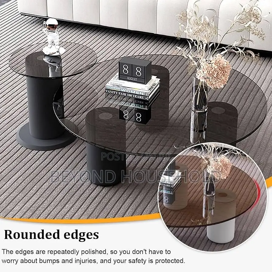 Tempered Smoked Glass Black Cylinder Coffee Table Set 2Piece