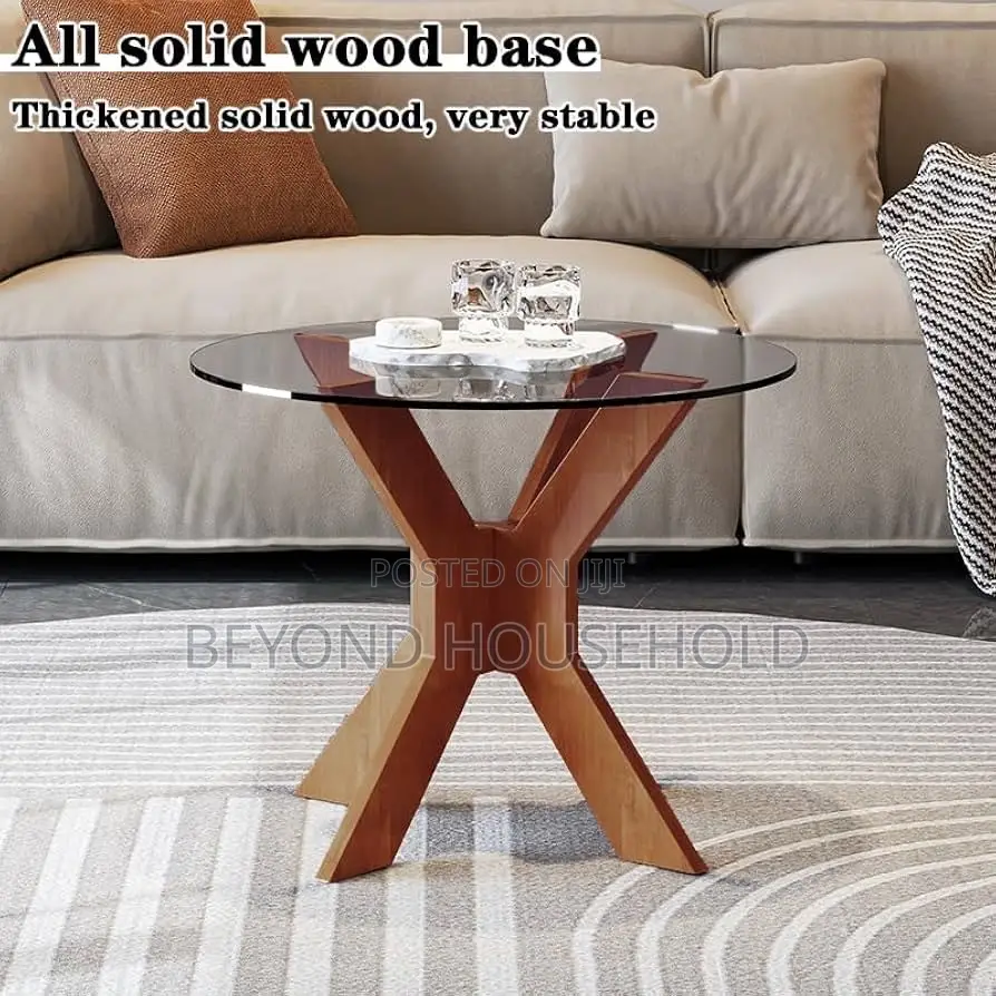 Modern Tempered Warm Walnut Glass Cross-Base Coffee Table Set 2Piece