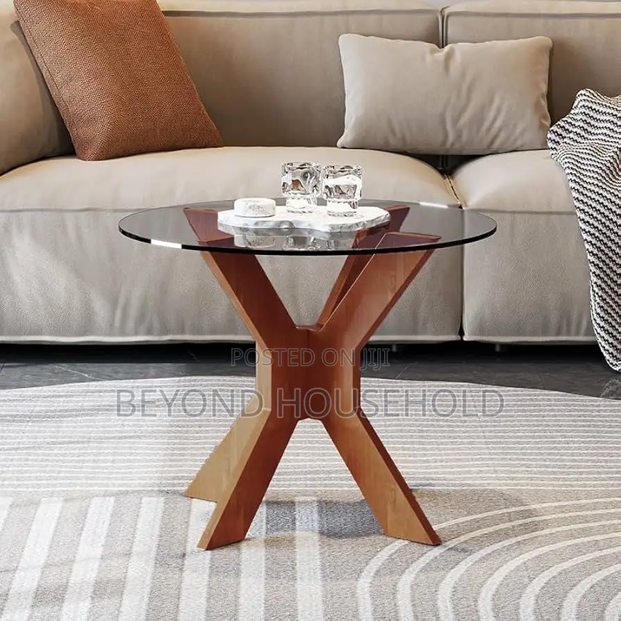 Modern Tempered Warm Walnut Glass Cross-Base Coffee Table Set 2Piece