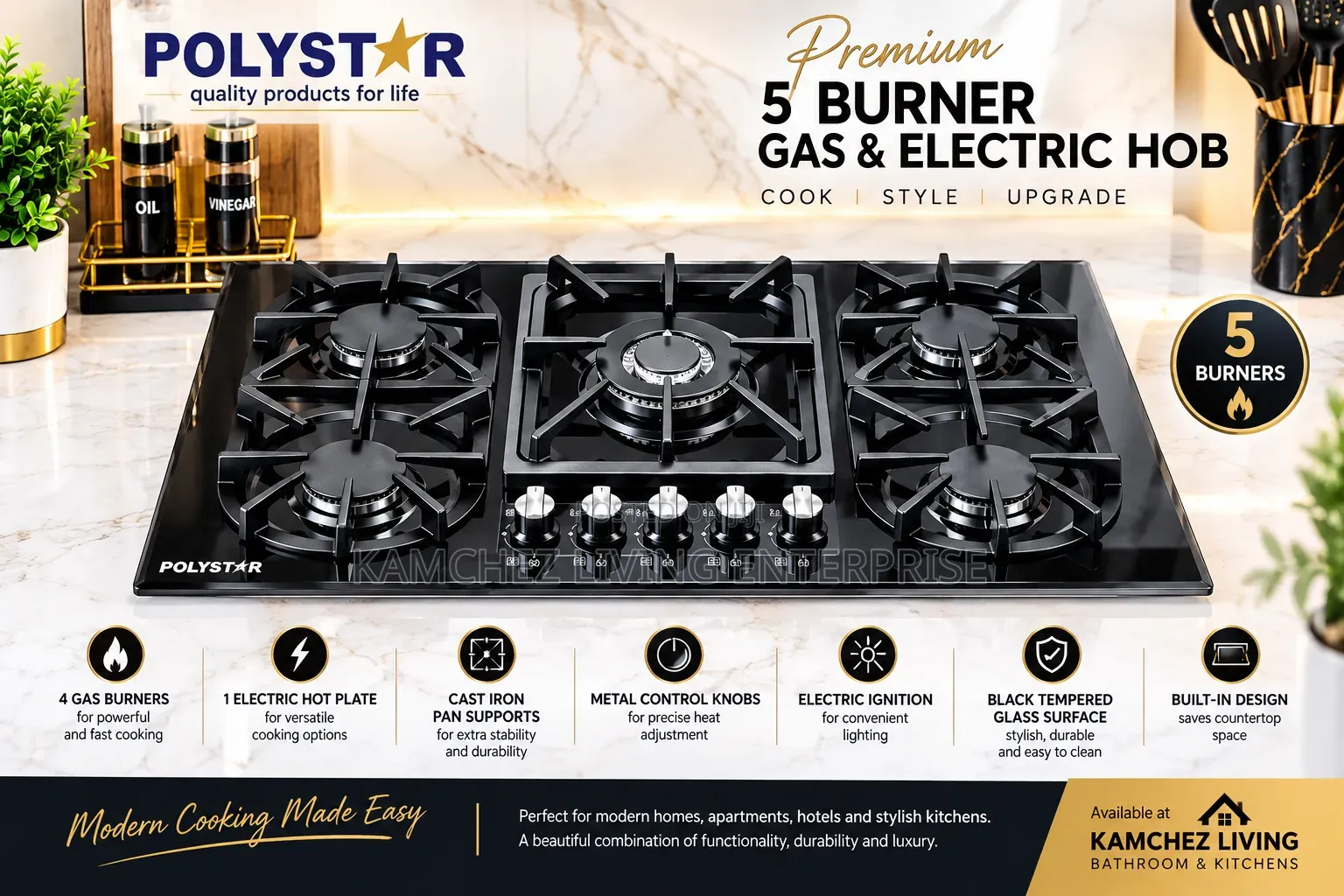 90cm POLYSTAR 5-Burner Built-in Gas Cooker/Hob - Stainless Steel Black