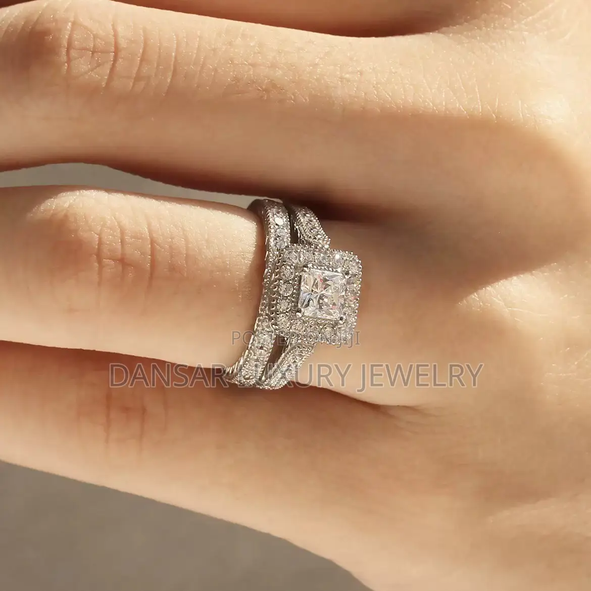 Silver-Plated Square Diamond Wedding Ring