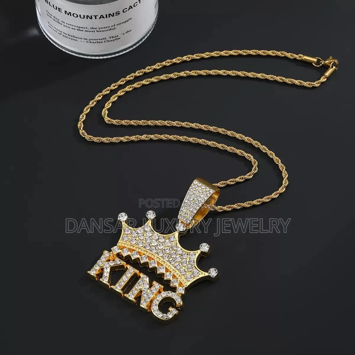 KING Crown Full-Diamond Steel Pendant and Necklace