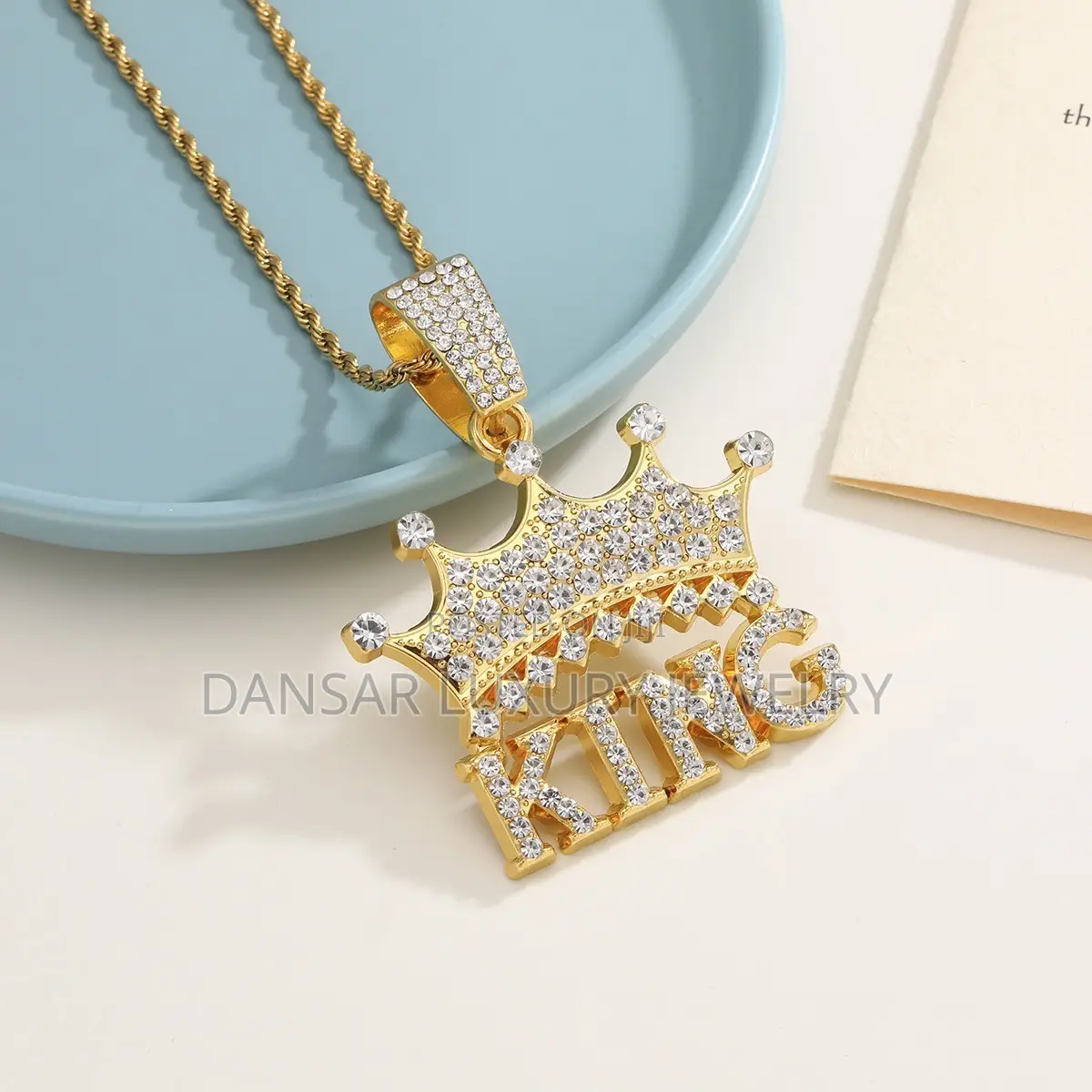 KING Crown Full-Diamond Steel Pendant and Necklace