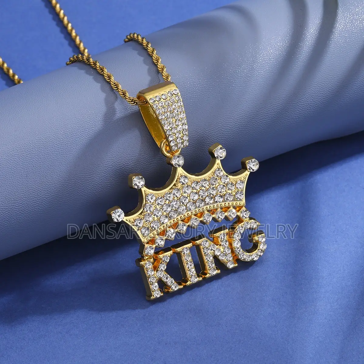 KING Crown Full-Diamond Steel Pendant and Necklace
