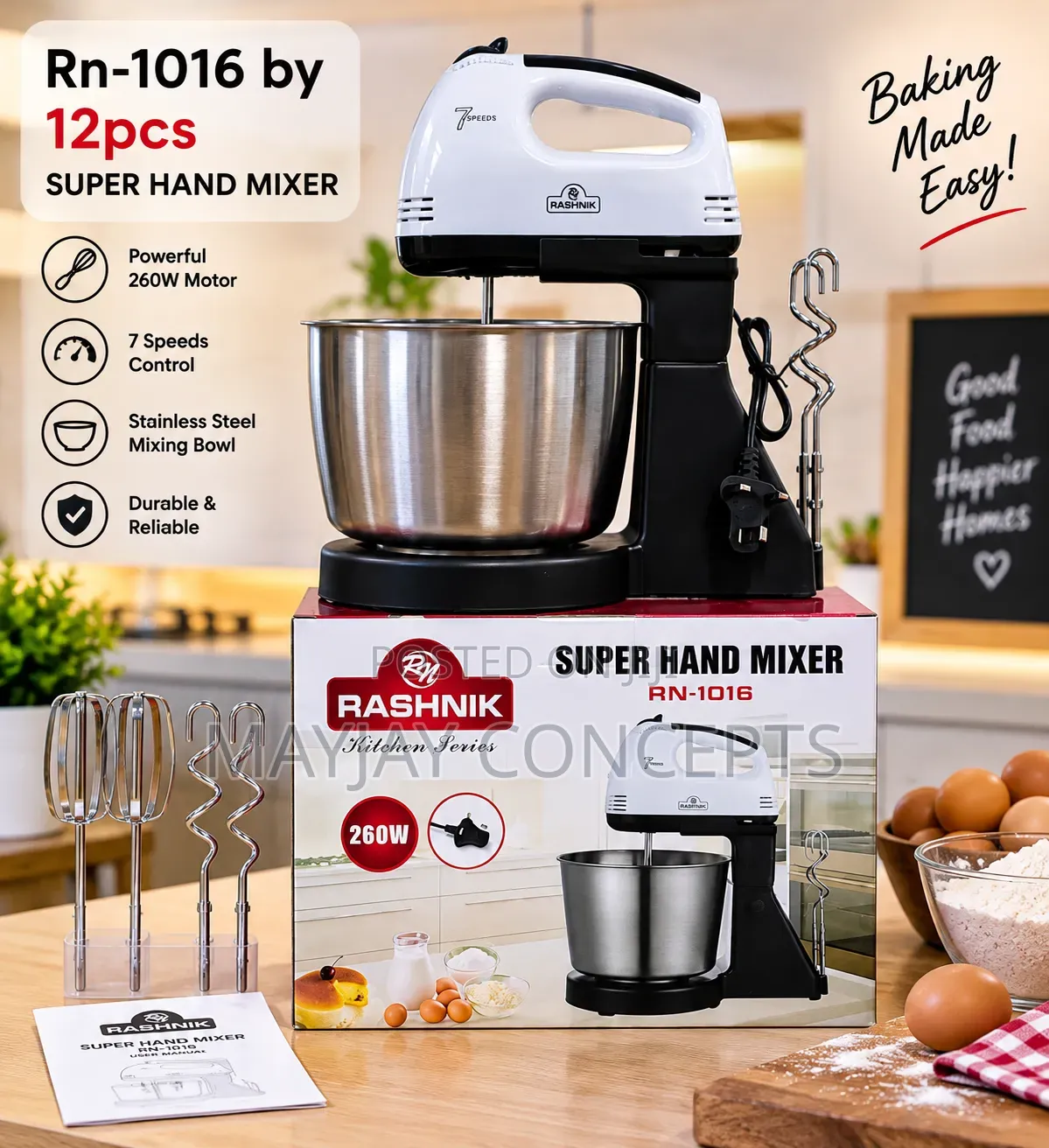 RASHNIK 2LITRES Super Hand Mixer With Bowl Beater Attachments–260W