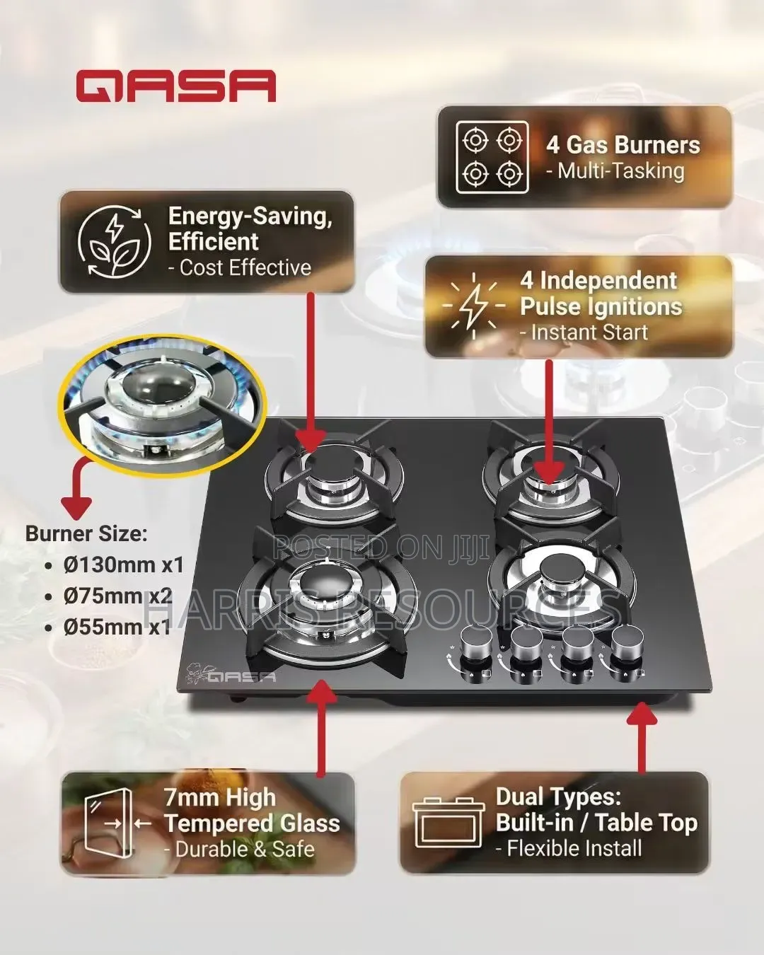 QASA 4-Burner Glass Top Gas Cooker (QGC-4BG)