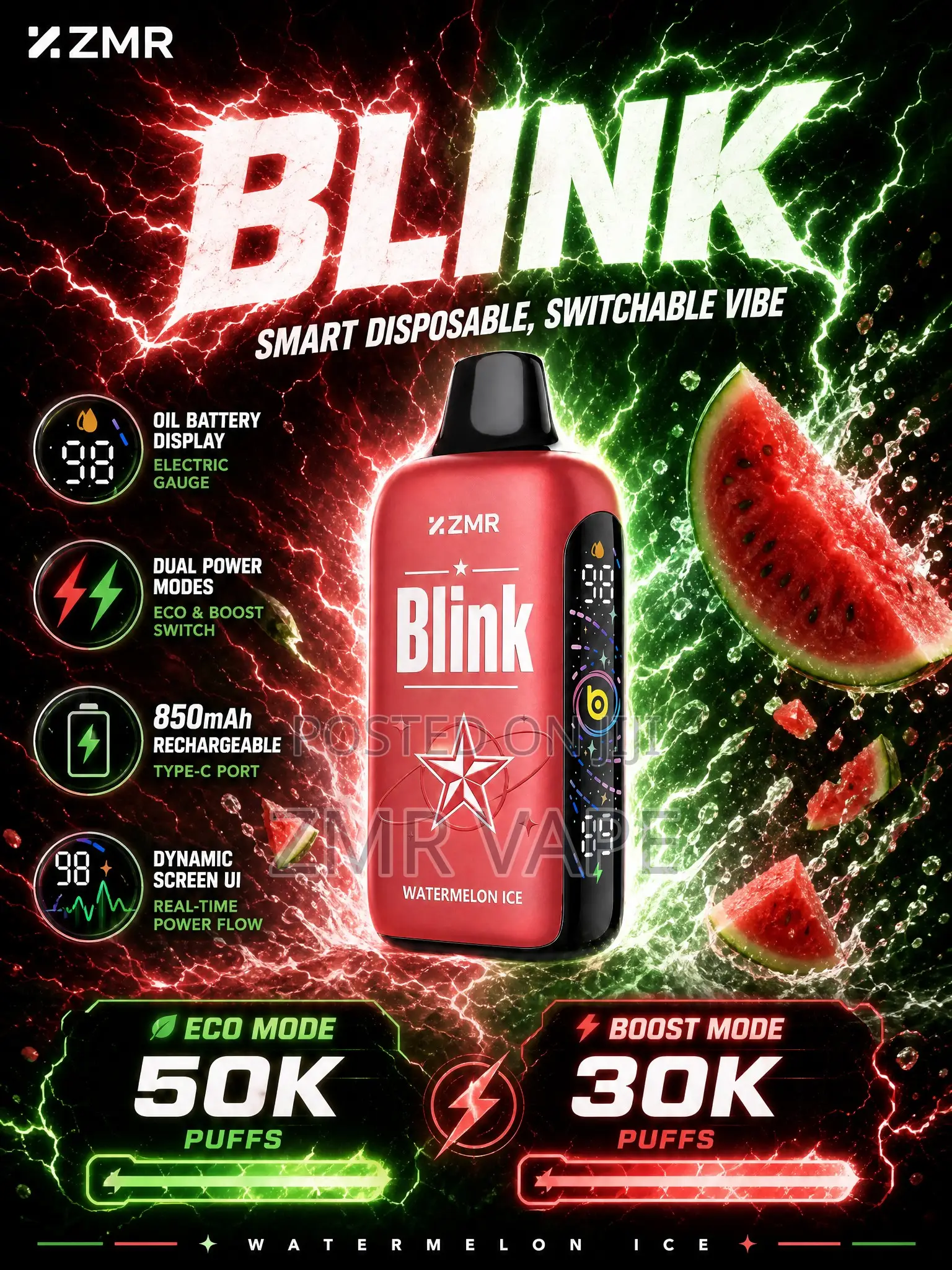 ZMR BLINK Watermelon Ice Rechargeable Disposable Vape – 50,000 Puffs