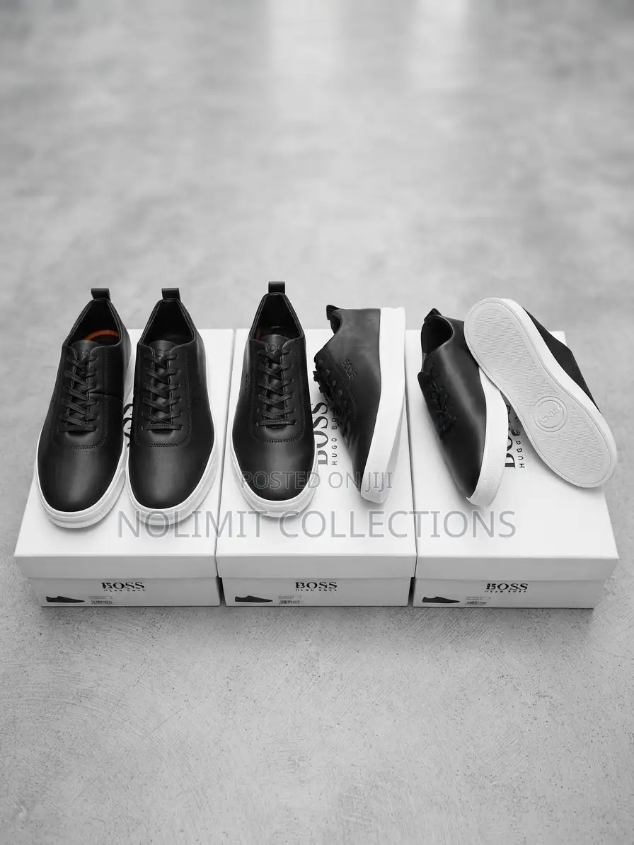 Boss Men's Black Leather Low Top Sneakers With Solid White Soles