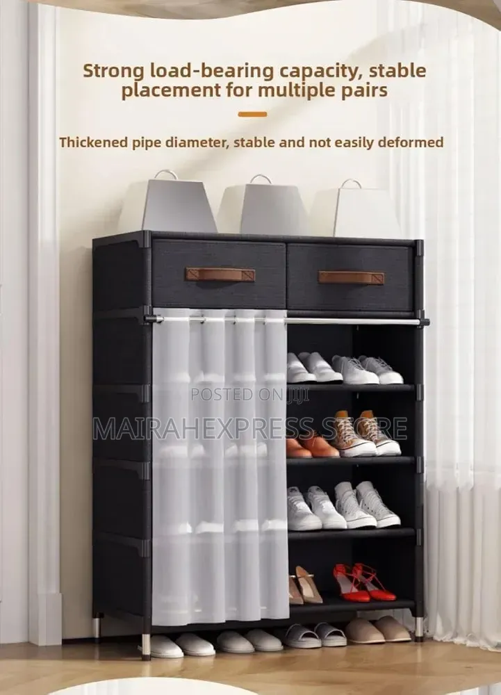 Black Multi-Tier Fabric Shoe Rack With Storage Drawers Curtain 2st7