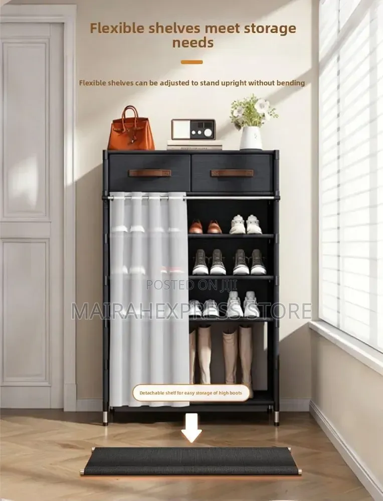 Black Multi-Tier Fabric Shoe Rack With Storage Drawers Curtain 2st7