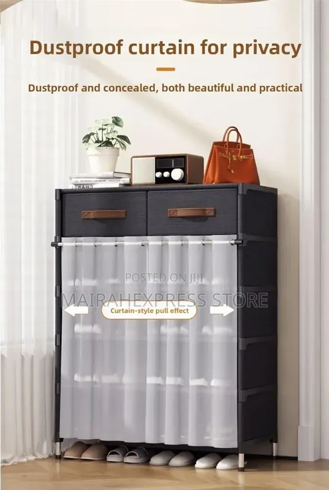 Black Multi-Tier Fabric Shoe Rack With Storage Drawers Curtain 2st7
