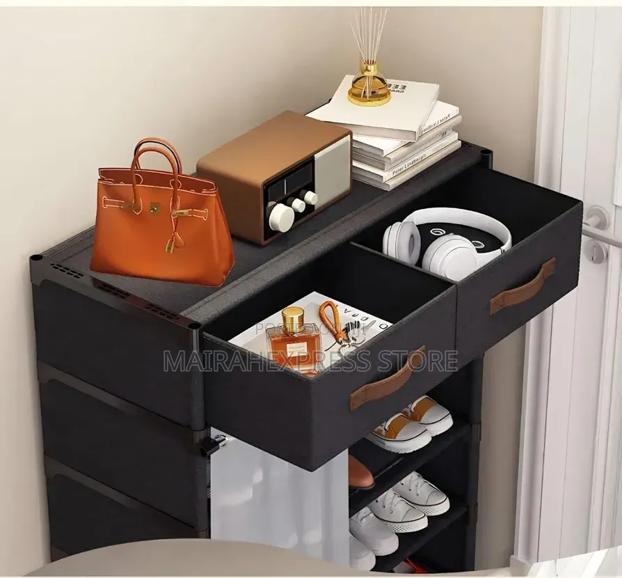 Black Multi-Tier Fabric Shoe Rack With Storage Drawers Curtain 2st7