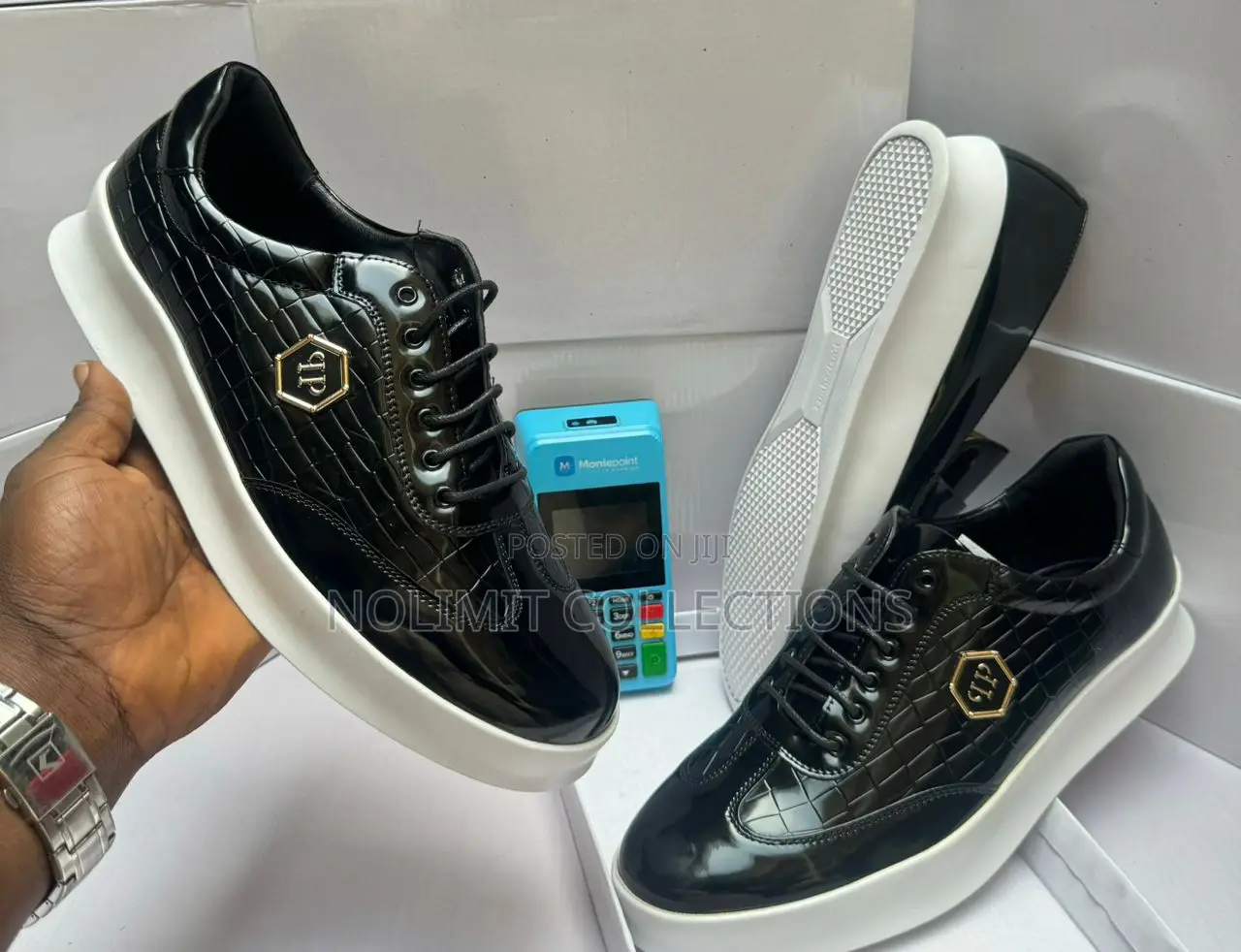 Phillipp Plein Men's Black Glossy Leather Low Top Sneakers