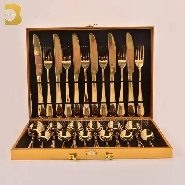 24 PCS Gold Box Cutlery Set,6 Spoons, 6 Tea Spoons,