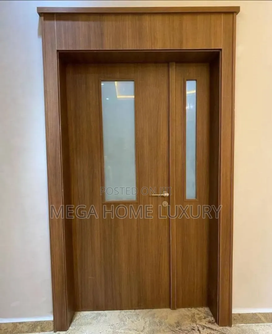 Elegant Modern Wood Grain Door With Frosted Glass Panels