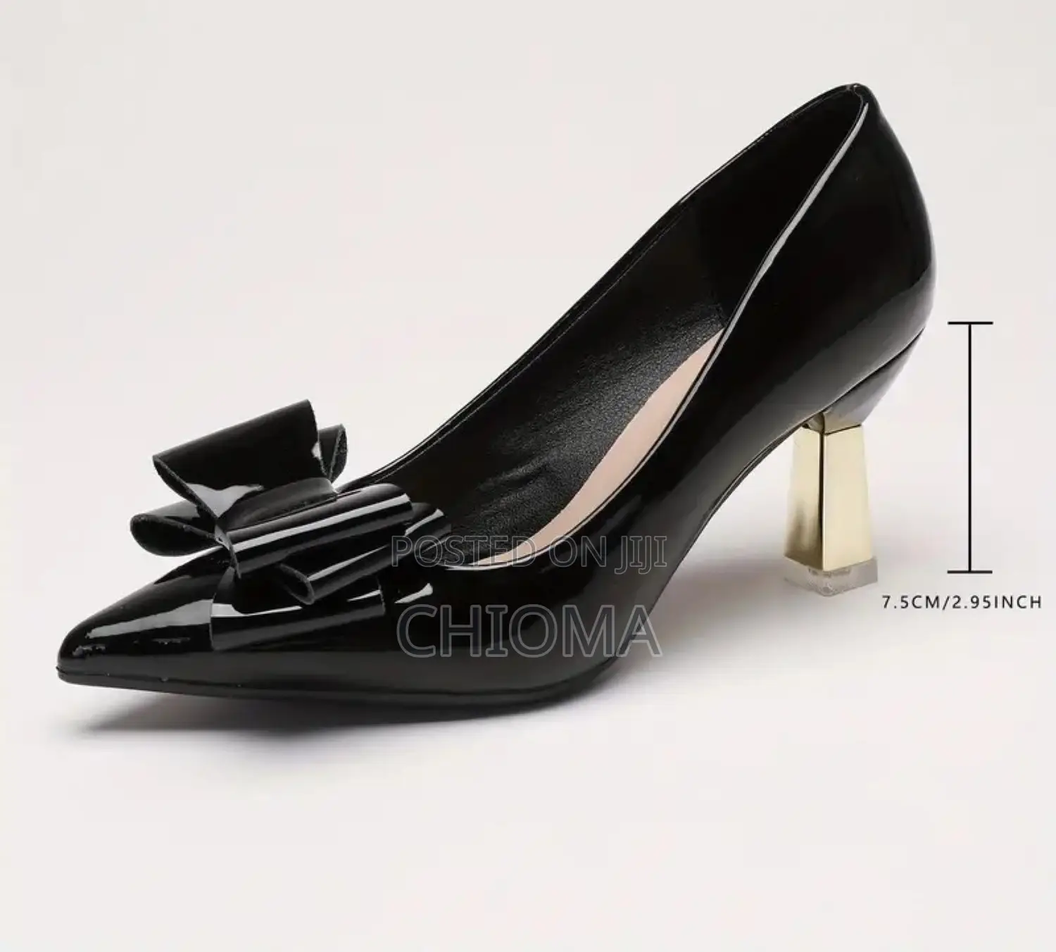 Ladies Pointed Toes Medium Golden Heels Dress Shoes (Glossy Black)