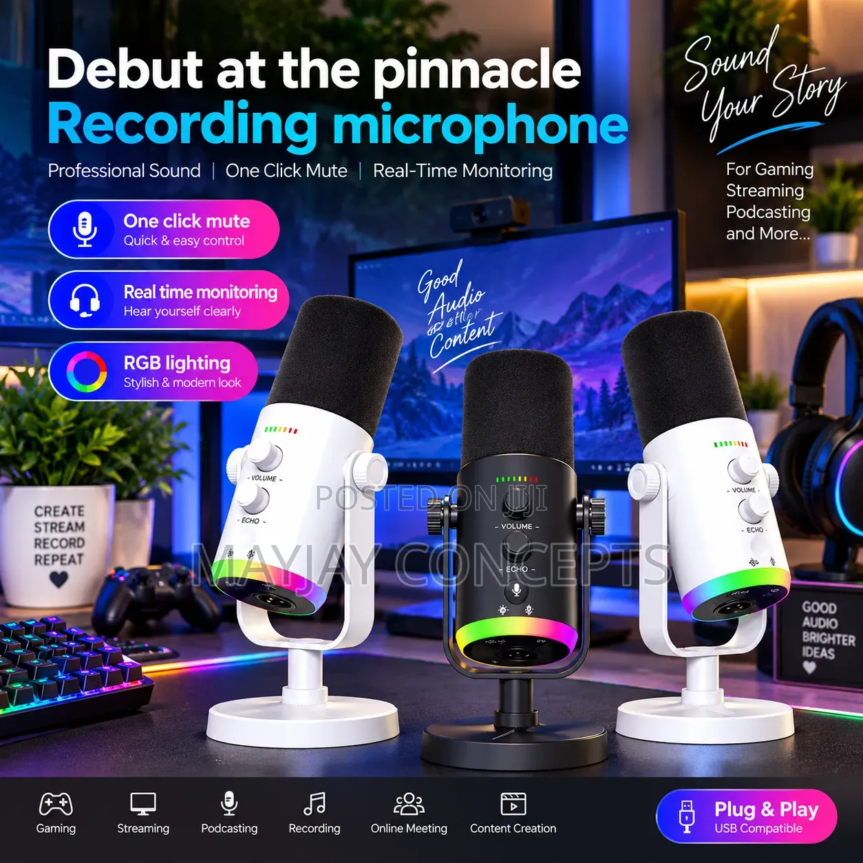 Professional RGB Recording Microphone With Mute Volume Control
