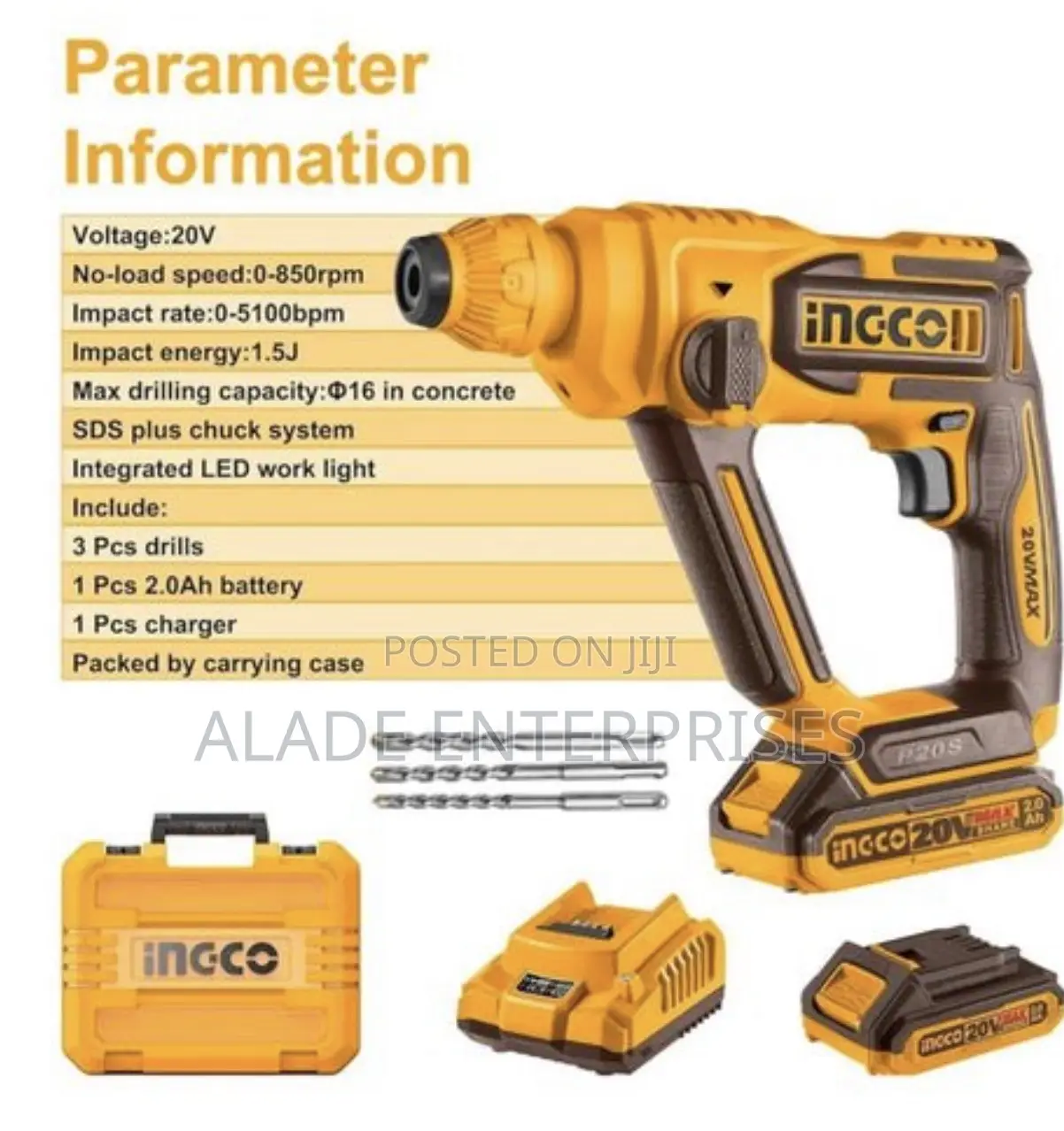 Ingco 20V Cordless Rotary Hammer Drill 16mm With 1 X Battery Charger