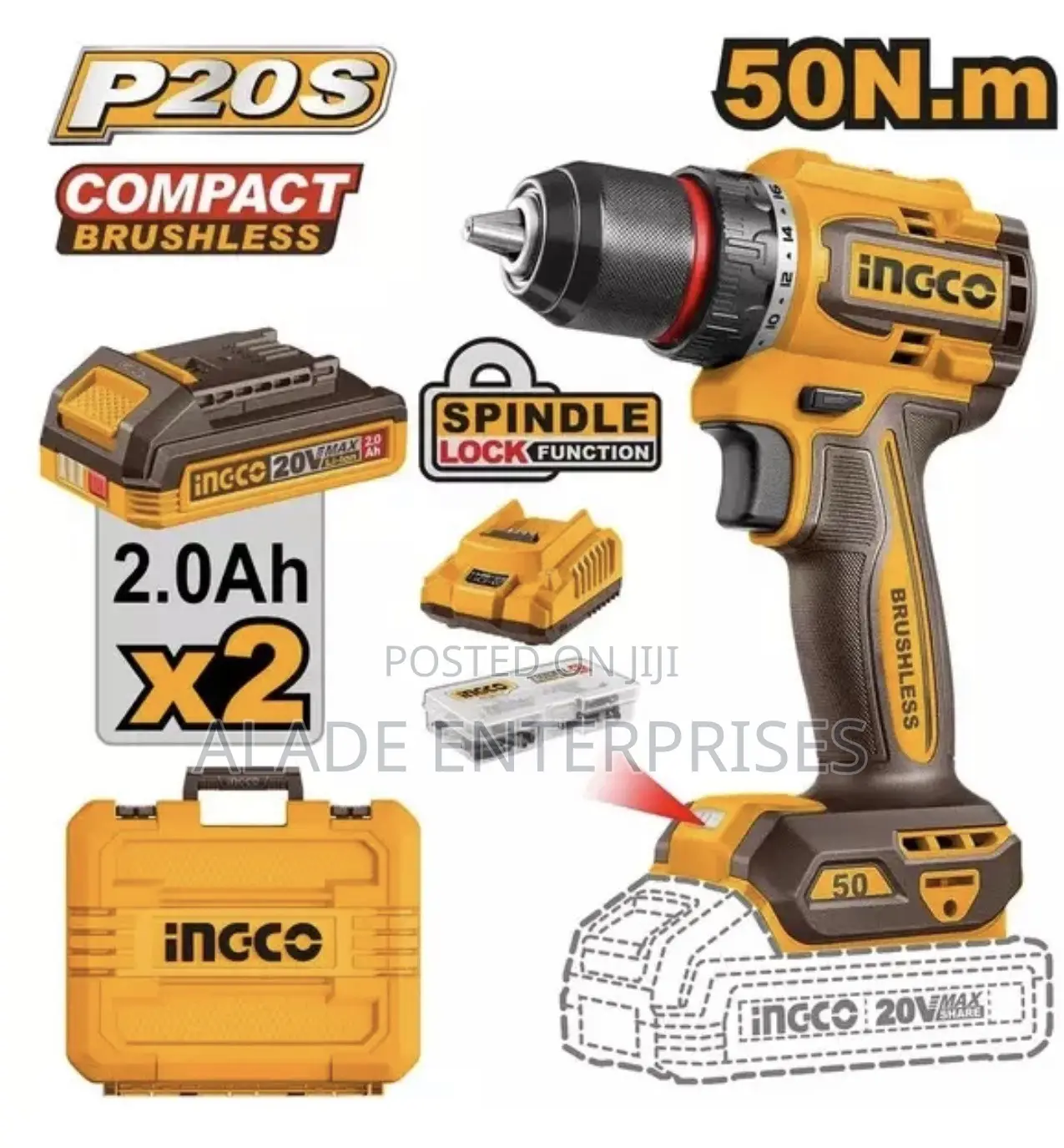 INGCO Compact Brushless Cordless Drill 50N.m -20v X2 Battery