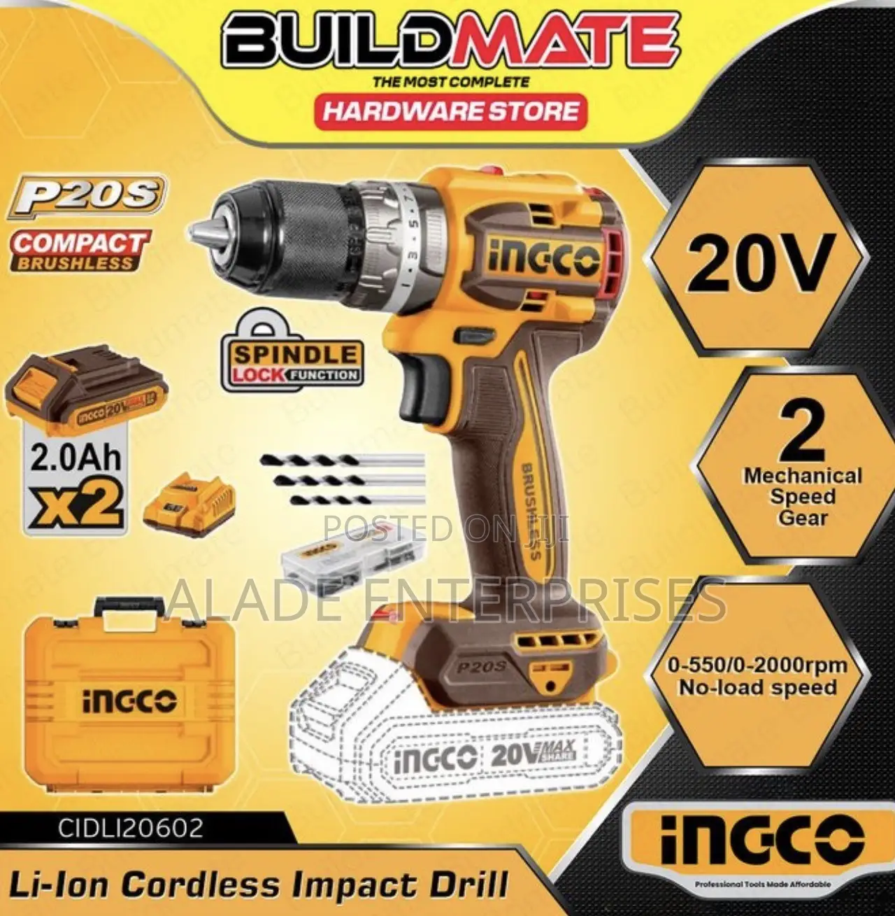 INGCO Compact Brushless Cordless Drill 50N.m -20v X2 Battery