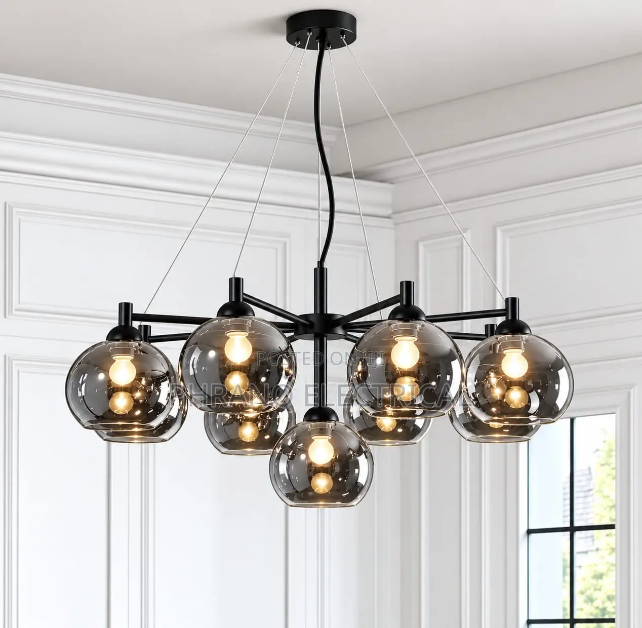 Modern Style Led Chandelier, With Amber Glass Spherical Lampshade