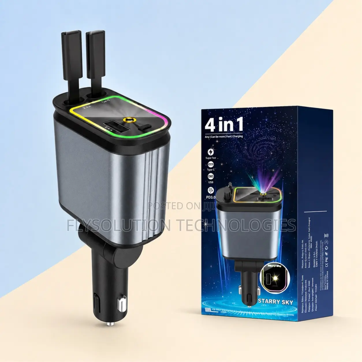 4-in-1 Retractable Car Charger With a Starry Sky Projector