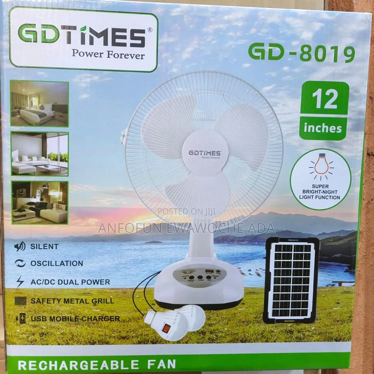 12-Inch GDTimes Solar Rechargeable Fan With 2 Bulbs