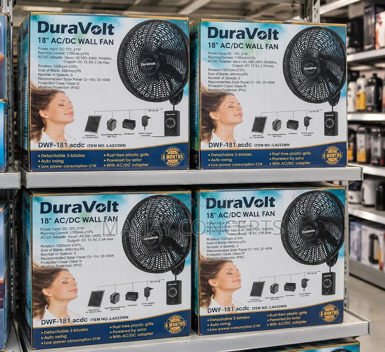 DURAVOLT AC/DC 18" Solar Wall Fan–Auto Swing Solar Support 21W–dwf-181