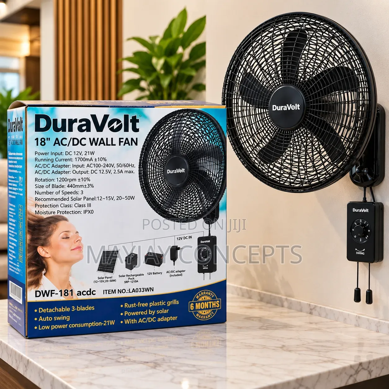DURAVOLT AC/DC 18" Solar Wall Fan–Auto Swing Solar Support 21W–dwf-181