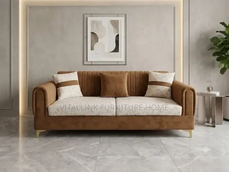 Modern Brown Velvet Living Room Set – 3-Seater Armchairs