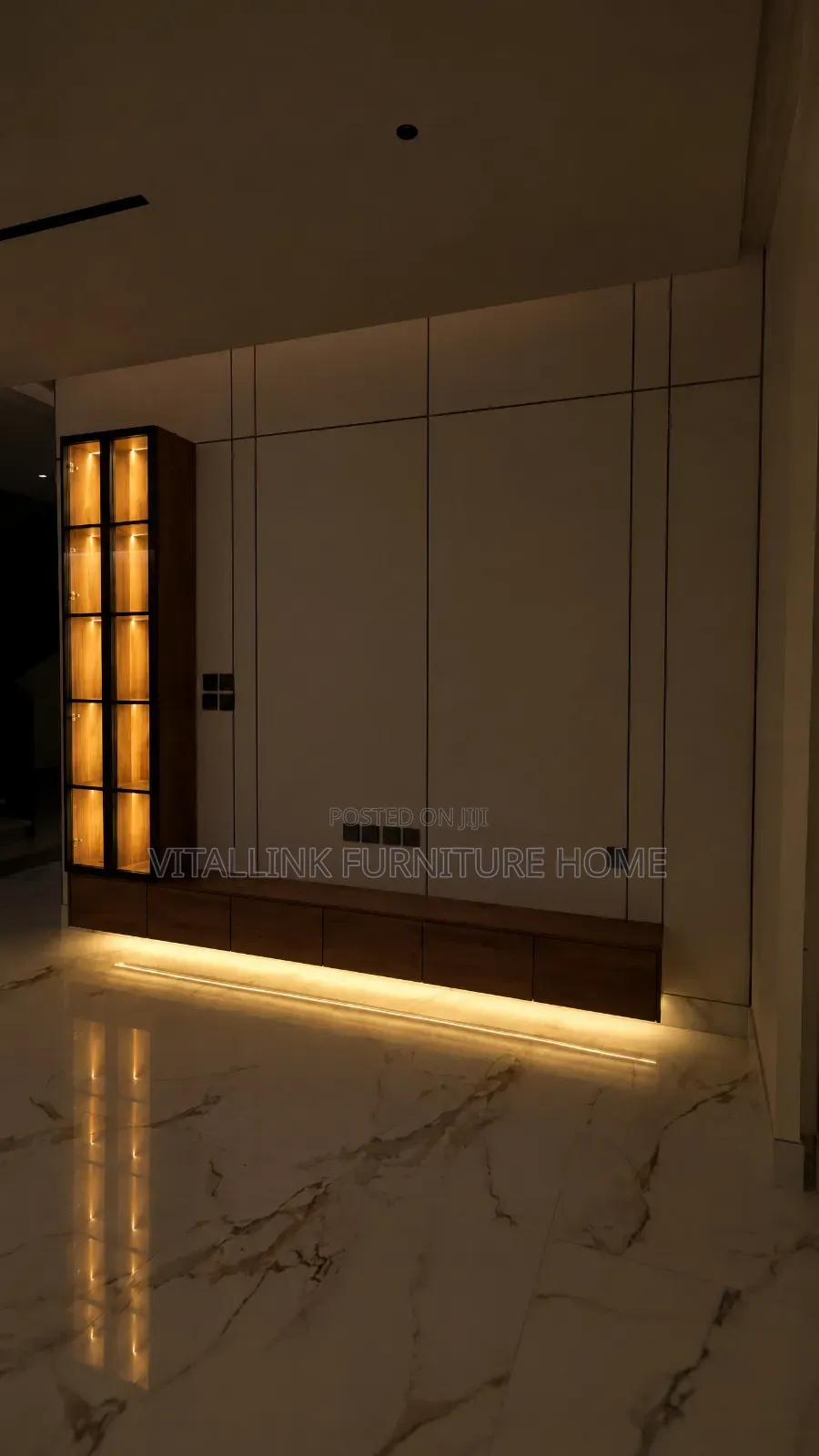 Modern White TV Wall Unit With Wood Console LED Lighting