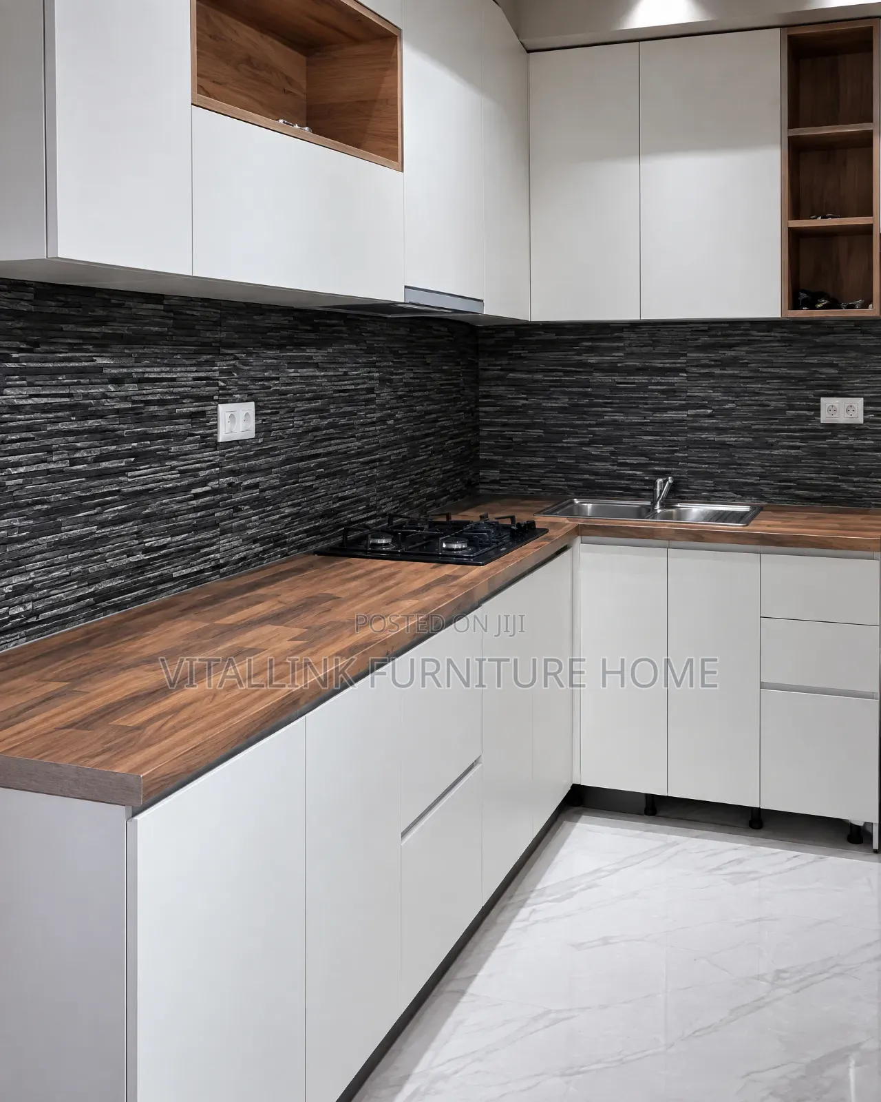 Modern White Kitchen Cabinets With Wood Countertop Shelves