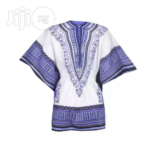 African Print Traditional Danshiki for Her - White Blue