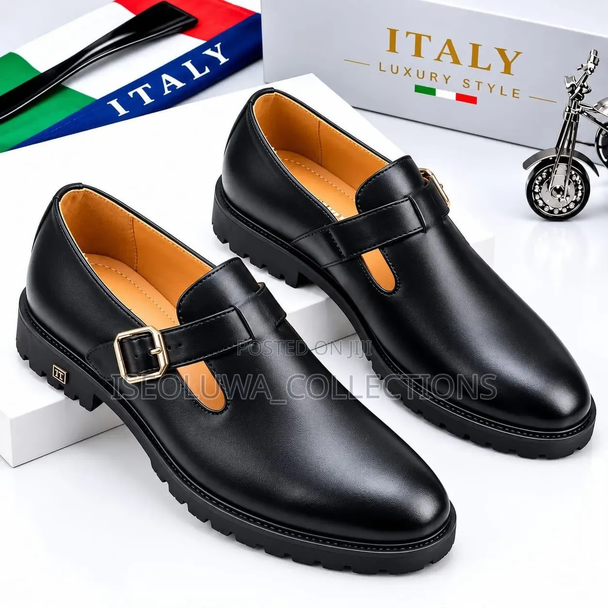 Luxury Black Glossy Buckle Strap Loafers