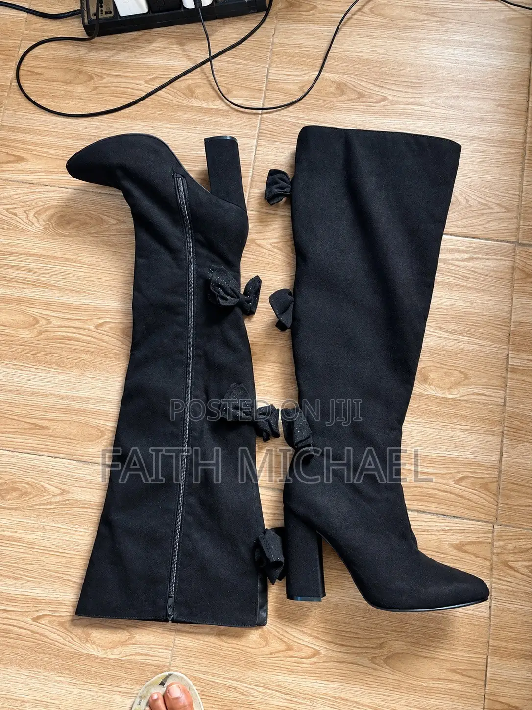 Black Faux-Suede Over-the-Knee With Bow