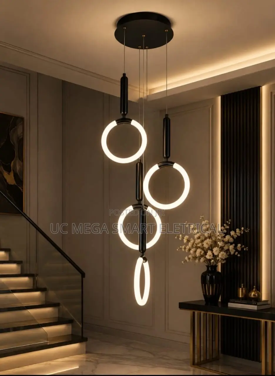 Modern LED Long Staircase Chandelier Hanging Ring Pendant Light Villa